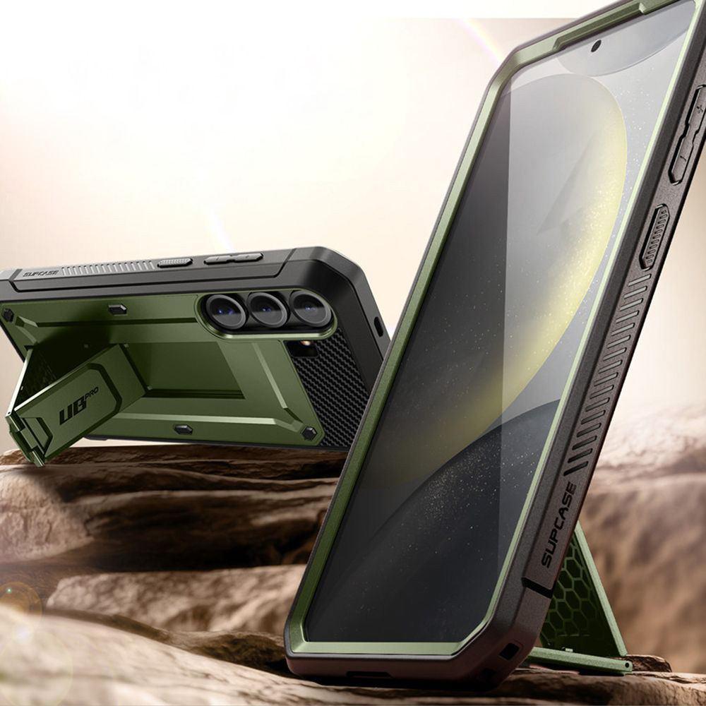 Etui pancerne z osłoną na ekran, z wbudowaną podstawką i kaburą z klipsem obrotowym Supcase Unicorn Beetle Pro do Galaxy S25, zielone